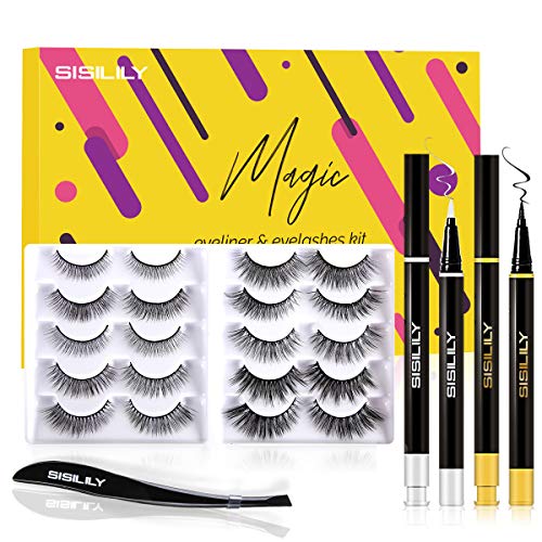 SISILILY Magnetic Eyelashes with Eyeliner, Glue Free Mink Non Magnetic Lashes Kits with 2 Liquid Eyeliner 10 Reusable Waterproof False Eyelashes and Eyelash Tweezers (10 Style) (10 Pair)