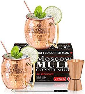 Moscow Mule Copper Mugs - Set of 2 - 100% HANDCRAFTED - Food Safe Pure Solid Copper Mugs - 16 oz Gift Set with BONUS - Highest Quality Cocktail Copper Straws, Straw Cleaning Brush and Jigger!