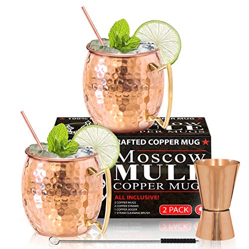 Moscow Mule Copper Mugs - Set of 2 - 100% HANDCRAFTED - Food Safe Pure Solid Copper Mugs - 16 oz Gift Set with BONUS - Highest Quality Cocktail Copper Straws, Straw Cleaning Brush and Jigger!