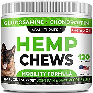 STRELLALAB Hemp Treats + Glucosamine for Dogs - Hip & Joint Supplement - w/Hemp Oil + Protein - Chondroitin, MSM, Turmeric to Improve Mobility & Energy - Natural Joint Pain Relief, 120 Chews