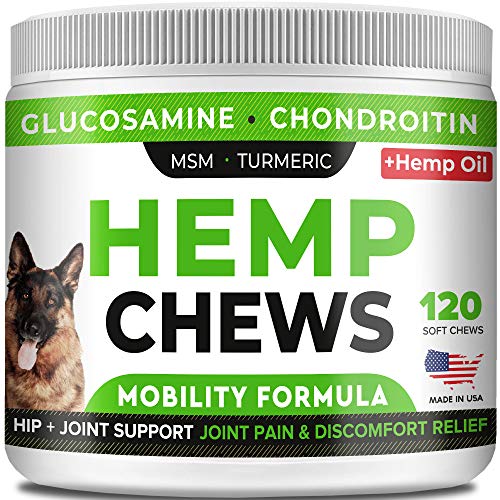 STRELLALAB Hemp Treats + Glucosamine for Dogs - Hip & Joint Supplement - w/Hemp Oil + Protein - Chondroitin, MSM, Turmeric to Improve Mobility & Energy - Natural Joint Pain Relief, 120 Chews