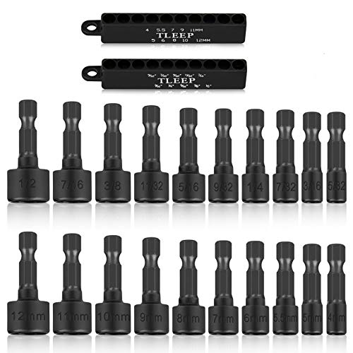 TLEEP 20 x Power Nut Driver Set for Impact Drill, 1/4 Hex Head Drill Bit Set SAE and Metric Screwdriver Socket Set, Chrome Vanadium Steel, Quick Change Chuck Socket Wrench Screw Impact Nutsetter