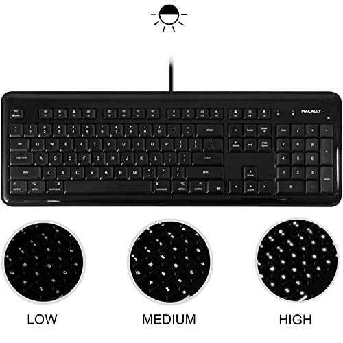 Macally Full Size USB Wired Backlit Keyboard for Apple Mac iMac Desktops Mac Mini, or MacBook Pro/Air Laptop Computers - White LEDs with 3 Level Brightness, Black