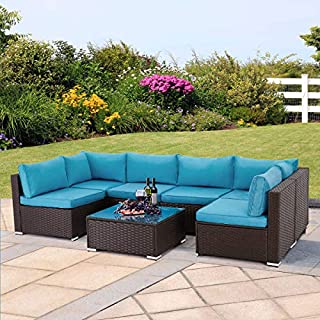 U-MAX 7 Pieces Outdoor Patio Furniture Set, All Weather Brown PE Rattan Wicker Sofa Set, Sectional Furniture Conversation Set with Cushions and Coffee Table for Porch Garden Poolside, Blue