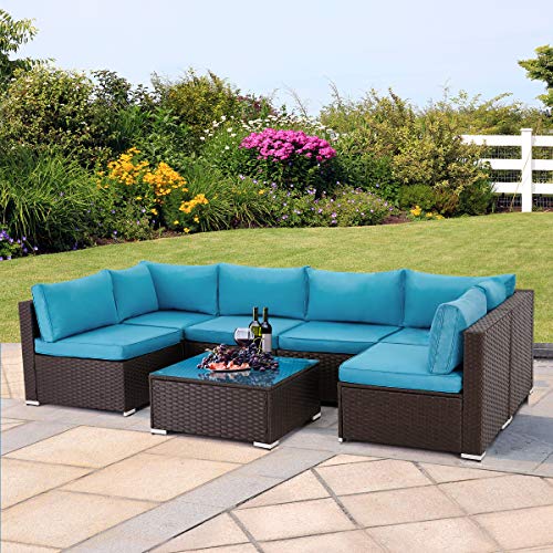 U-MAX 7 Pieces Outdoor Patio Furniture Set, All Weather Brown PE Rattan Wicker Sofa Set, Sectional Furniture Conversation Set with Cushions and Coffee Table for Porch Garden Poolside, Blue