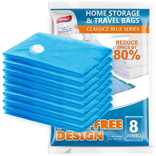 Vacuum Storage Bags Space Saver Bags Jumbo Vacuum Sealer Bags For Clothes King-size Bedding Comforter Duvets Quilts Pillows-No Pump No Cap 80% Space Saving Design-31x40in (Jumbo 8 Pack)