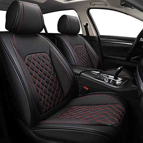 SYNOME 5pcs Car Seat Covers Full Set with Waterproof Leather,Airbag Compatible Automotive Vehicle Cushion Cover Universal fit for Most Cars (Black-Red)