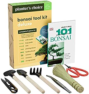 Premium Bonsai Tool Kit + Bonsai 101 Book - Set Includes: Wooden Rake, Long & Wide Spades, Scissors, Tweezers, Bamboo Brush, & Pruning Shears (Trimmer/Clipper) in Fabric Storage Holder - Bonsai Tools