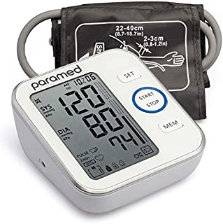 PARAMED Blood Pressure Monitor - Digital Upper Arm Bp Machine & Pulse Rate Monitoring Meter with Cuff 22-40cm, 120 Sets Memory, Large LCD - Device Bag & Batteries Included