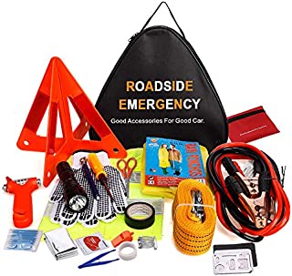 Adakiit Car Emergency Kit, Multifunctional Roadside Assistance Auto Safty Kit ,First Aid Kit, Jumper Cables, Tow Rope, Triangle, Flashlight, Safety Hammer and More Ideal Survival Pack Accessories