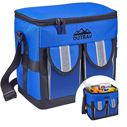 Blue Padded Insulated Cooler  30 Can Capacity - Soft Collapsible Leak Proof Tote for Camping, Picnics and Travel  Large Main Compartment, 2 Front Pouches, Handle and Shoulder Strap - Outrav