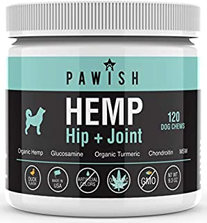 Hemp Hip & Joint Supplement for Dogs with Organic Hemp Oil, Glucosamine, Turmeric, MSM - for Joint Support, Mobility, Arthritis Pain Relief and Anxiety - 120 Soft Chews 