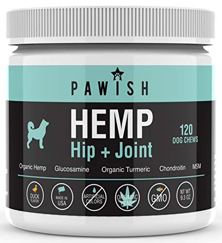 Hemp Hip & Joint Supplement for Dogs with Organic Hemp Oil, Glucosamine, Turmeric, MSM - for Joint Support, Mobility, Arthritis Pain Relief and Anxiety - 120 Soft Chews 