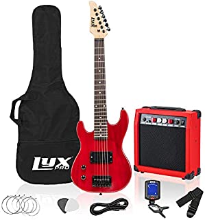 LyxPro Left Hand 30 Inch Electric Guitar Kit for Lefty Kids 3/4 Size Beginners Guitar, Amp, Six Strings, Two Picks, Shoulder Strap, Digital Clip On Tuner, Guitar Cable and Soft Case Gig Bag - Red