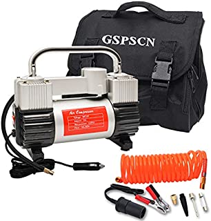 GSPSCN Silver Tire Inflator Heavy Duty Double Cylinders with Portable Bag, Metal 12V Air Compressor Pump 150PSI with Adapter for Car, Truck, SUV Tires, Dinghy, Air Bed etc