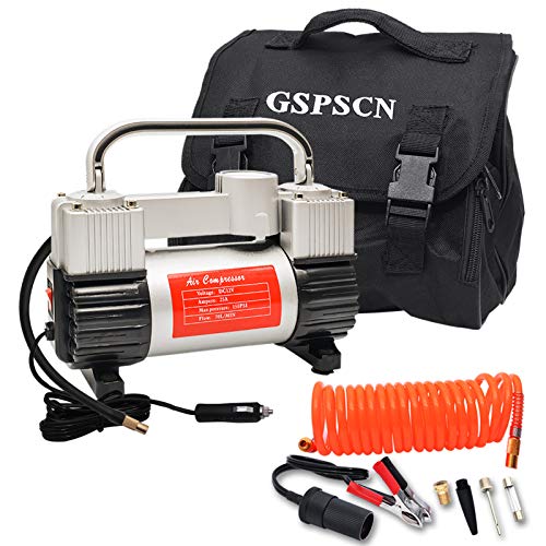 GSPSCN Silver Tire Inflator Heavy Duty Double Cylinders with Portable Bag, Metal 12V Air Compressor Pump 150PSI with Adapter for Car, Truck, SUV Tires, Dinghy, Air Bed etc