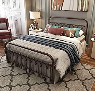 Metal Bed Frame Queen Size with Vintage Headboard and Footboard Platform Base Wrought Iron Double Bed Frame (Queen, Antique Brown)