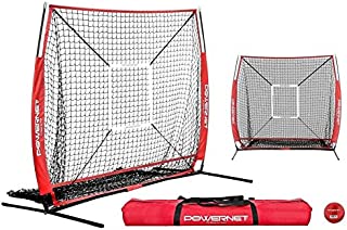 PowerNet 5x5 Practice Net + Strike Zone + Weighted Training Ball Bundle (Red) | Baseball Softball Coaching Aid | Compact Lightweight Ultra Portable | Team Color | Batting Screen