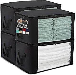 Gorilla Grip Fabric Clothing Storage Bags, 22x13 Large Capacity Bag, Water Resistant, Reinforced Handles, Zipper Top Clear Window, Under Bed Foldable Organizer, Store Clothes, Bedding, 4 Pack, Black