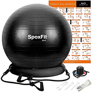 SpoxFit Exercise Ball Chair with Resistance Bands, Perfect for Office, Yoga, Balance, Fitness, Super Strong Holds 660lbs. Set Includes Stable Base, Workout Poster, Pump, Home Gym Bundle-65cm Black