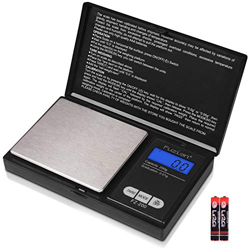 Fuzion Digital Pocket Scale, 200g/0.01g Mini Scale Gram and Ounce, Portable Travel Food Scale, Jewelry Scale with Back-Lit LCD, Stainless Steel, Tare, Battery Included