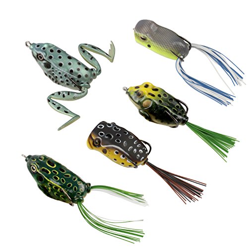 RUNCL Topwater Frog Lures, Soft Fishing Lure Kit with Tackle Box for Bass Pike Snakehead Dogfish Musky (Pack of 5)