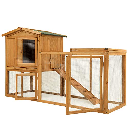 Ogrmar Chicken Coop Large Wooden Outdoor Bunny Rabbit Hutch Hen Cage with Ventilation Door, Removable Tray & Ramp Garden Backyard Pet House Chicken Nesting Box