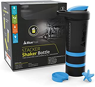 BluePeak Stacker Protein Shaker Bottle 22-Ounce, 2-Pack ProStak. Attachable Storage Containers (100 & 150cc) and Pill Tray Included. BPA Free (Black & Blue)