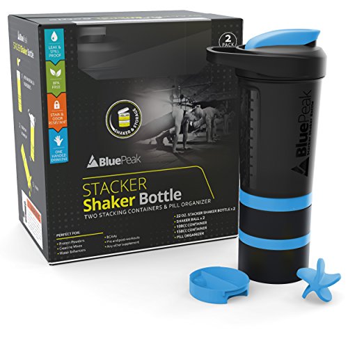 BluePeak Stacker Protein Shaker Bottle 22-Ounce, 2-Pack ProStak. Attachable Storage Containers (100 & 150cc) and Pill Tray Included. BPA Free (Black & Blue)