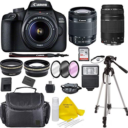 Canon EOS 4000D Digital SLR Camera w/ 18-55 Lens Kit + Canon 75-300 Lens Black w/Accessory Bundle, Package Includes: SanDisk 32GB Card + DSLR Bag + 50 Tripod+TOPKNOTCH Cloth(International Model)