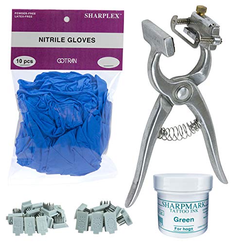 BOCCS Tattoo Kit Standard with Digits or Letters, Nitrile Gloves, and Ink for Identification of Sheep, Pigs, Goats, Cattle Livestock (0-9 & A-Z, Green)