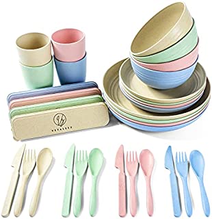 Vetaleez 32 Pc Wheat Straw Dinnerware Sets with Cups, Dinner Plates, Bowls, cutlery set, reusable plates, dish sets Unbreakable Eco-Friendly Dishwasher Safe Tableware for Kitchen, Picnic, or Camping