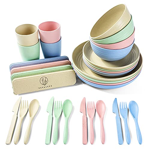 Vetaleez 32 Pc Wheat Straw Dinnerware Sets with Cups, Dinner Plates, Bowls, cutlery set, reusable plates, dish sets Unbreakable Eco-Friendly Dishwasher Safe Tableware for Kitchen, Picnic, or Camping