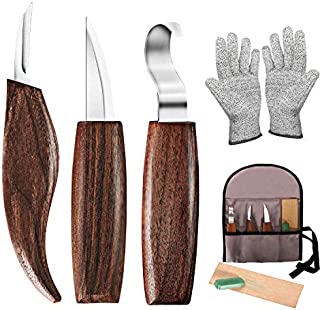 Wood Carving Tools, 7 in 1 Wood Carving Kit with Carving Hook Knife, Wood Whittling Knife, Chip Carving Knife, Gloves, Carving Knife Sharpener for Beginners Woodworking kit