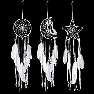 Jetec 3 Pieces Dream Catcher Moon Sun Star Design Handmade Traditional Design White for Wall Hanging Home Decoration