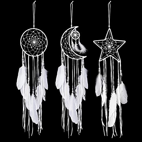 Jetec 3 Pieces Dream Catcher Moon Sun Star Design Handmade Traditional Design White for Wall Hanging Home Decoration