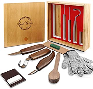 Wood Carving Tools Set, 11 in 1 Wood Carving Kit with Carving Hook Knife, Wood Whittling Knife, Chip Carving Knife, Gloves, Bamboo Gift Box, Spoon Blank, Knife Sharpener for Beginners Woodworking kit