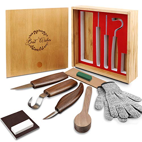 Wood Carving Tools Set, 11 in 1 Wood Carving Kit with Carving Hook Knife, Wood Whittling Knife, Chip Carving Knife, Gloves, Bamboo Gift Box, Spoon Blank, Knife Sharpener for Beginners Woodworking kit