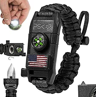 PSK Paracord Bracelet 8-in-1 Personal Survival Kit Urban & Outdoors Survival Knife, Fire Starter, Glass Breaker, Survival Whistle, Signal Mirror, Fishing Hook & String, Compass (Black - USA Flag)