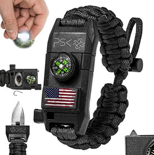 PSK Paracord Bracelet 8-in-1 Personal Survival Kit Urban & Outdoors Survival Knife, Fire Starter, Glass Breaker, Survival Whistle, Signal Mirror, Fishing Hook & String, Compass (Black - USA Flag)