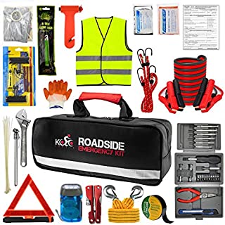 Kolo Sports Roadside Emergency Car Kit - 156-Piece Multipurpose Emergency Pack with Automotive Tools and First Aid Kit - Car Tool Kit Includes Heavy-Duty Jumper Cables and Tire Pressure Gauge