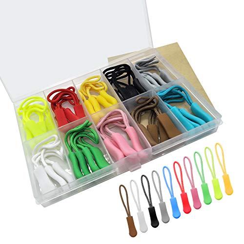 DFSHOW 40Pcs Zipper Pulls Premium Durable Extension Pulls Nylon Colorful Zip Fixer Cord Zipper Tag Replacement for Suitcase, Backpacks, Jackets, Boots, Luggage, Purses, Handbags,10 Colors