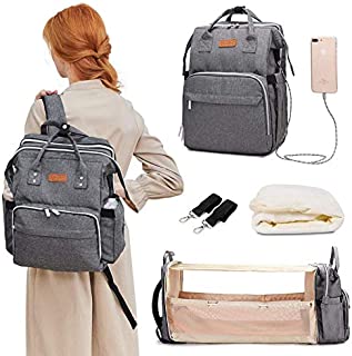 Diaper Bag Backpack, Travel Foldable Baby Bed, Portable Sleeping Mummy Bag, Multifunction Large Capacity Baby Bassinet with USB Charging Port, Waterproof and Stylish, Grey