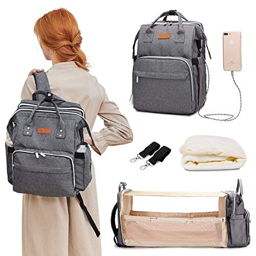 Diaper Bag Backpack, Travel Foldable Baby Bed, Portable Sleeping Mummy Bag, Multifunction Large Capacity Baby Bassinet with USB Charging Port, Waterproof and Stylish, Grey