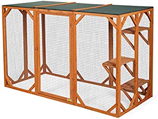 BWM.Co 71.5L Large Rustic Wooden Outdoor Cat Pet Enclosure Cage Catio for Play, Lockable Flat Top Cat Activity Kennel Playhouse with 3 Platforms, Orange