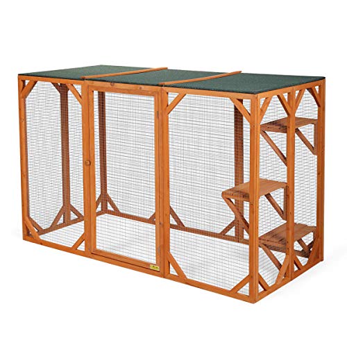 BWM.Co 71.5L Large Rustic Wooden Outdoor Cat Pet Enclosure Cage Catio for Play, Lockable Flat Top Cat Activity Kennel Playhouse with 3 Platforms, Orange