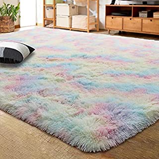 LOCHAS Luxury Velvet Shag Area Rug Modern Indoor Plush Fluffy Rugs, Extra Soft and Comfy Carpet, Cute Rainbow Rugs for Bedroom Living Room Girls Kids Nursery Classroom, 5x8 Feet