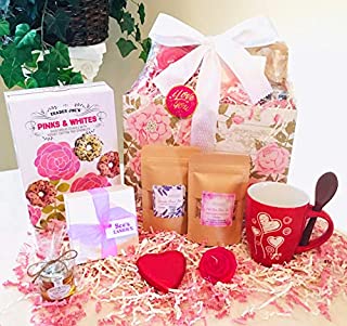 Fancy Flower Tea Time Gourmet Gift Basket with Organic Rose and Lavender Flower Tea, See's Candies Chocolate Box, Cookies, Candle &More! for Her: Woman/Mom/Daughter Brithday or Get Well (ILU Mug)