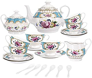 fanquare 15 Pieces European Retro Rose Tea Set,English Flora Tea Set for Adults,Porcelain Coffee Set