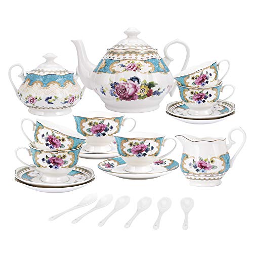 fanquare 15 Pieces European Retro Rose Tea Set,English Flora Tea Set for Adults,Porcelain Coffee Set